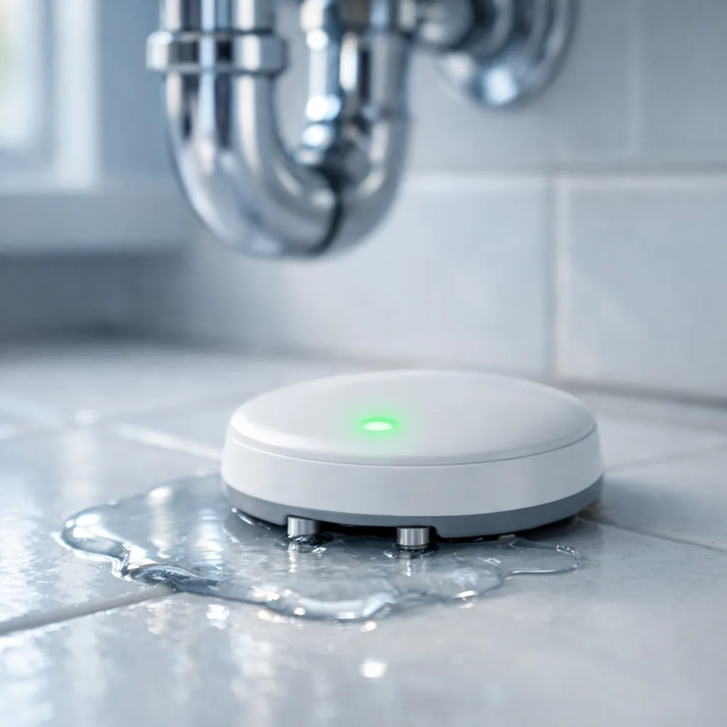 Water leak sensor detecting pooled water beneath apartment bathroom sink pipes
