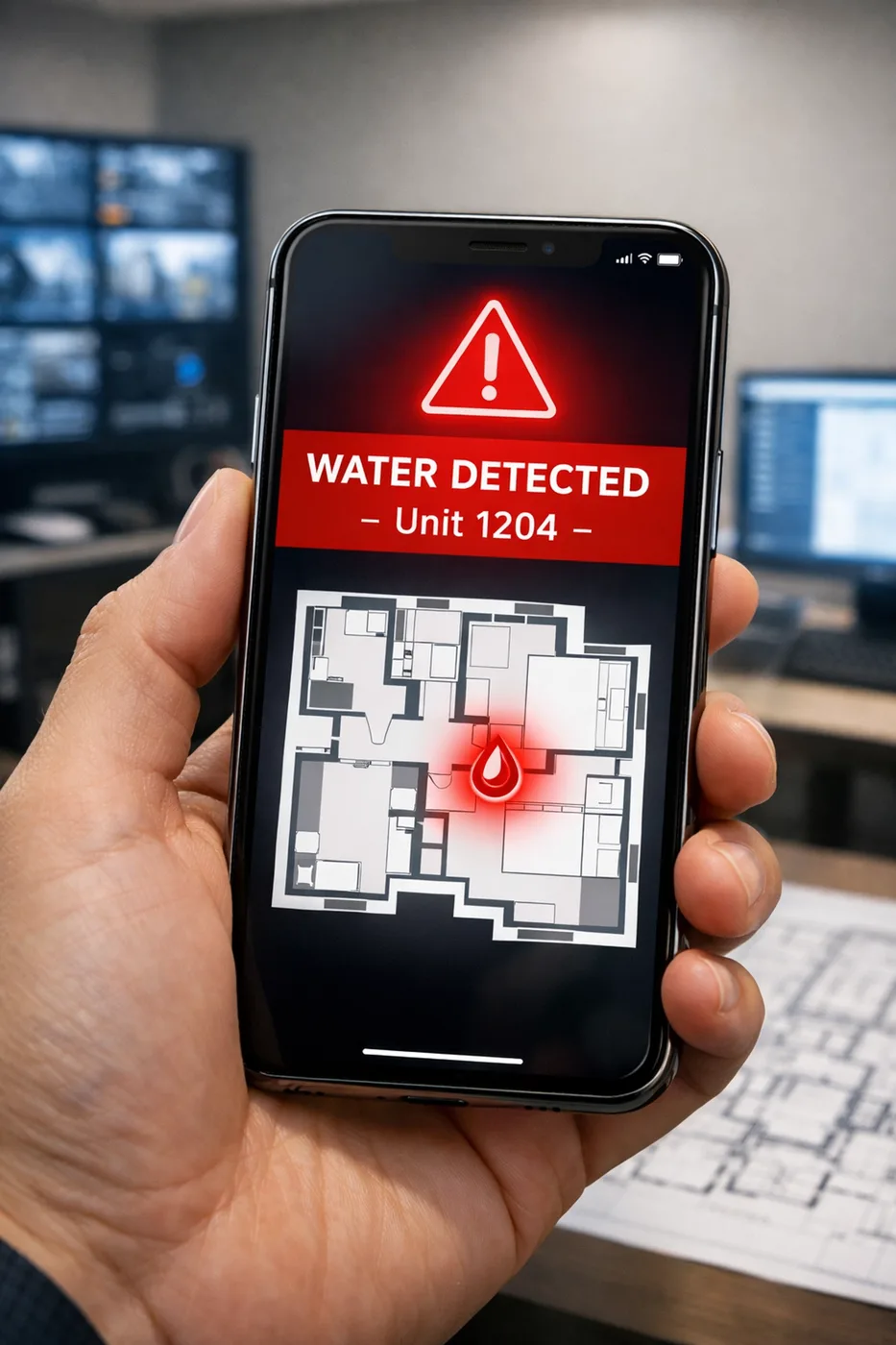 Smartphone displaying water leak detection alert for Richmond high-rise monitoring system