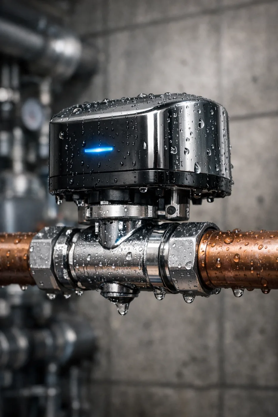 Automatic water shut off valve with leak detection installed on building pipe
