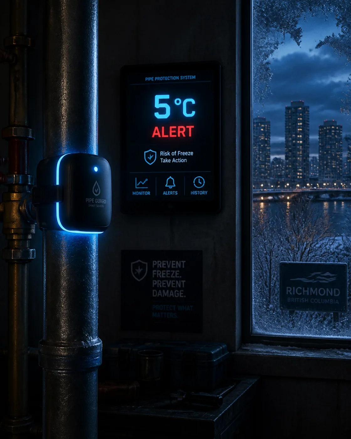 A smart sensor on a pipe in a utility room showing a 5°C ALERT against a frosty Richmond winter evening