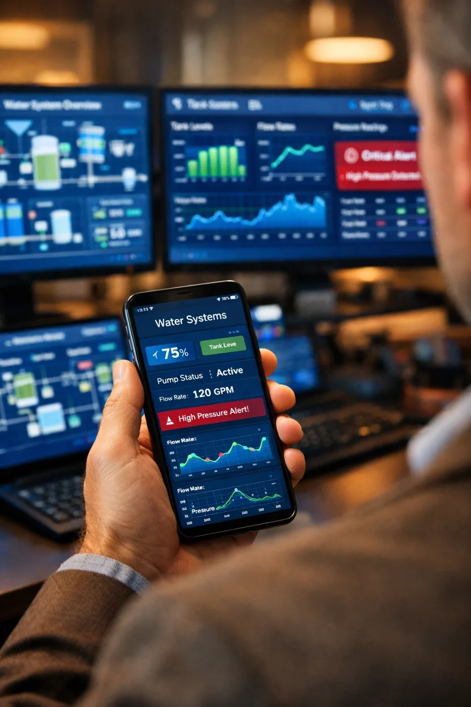 Property manager monitoring real-time water leak detection system on smartphone dashboard