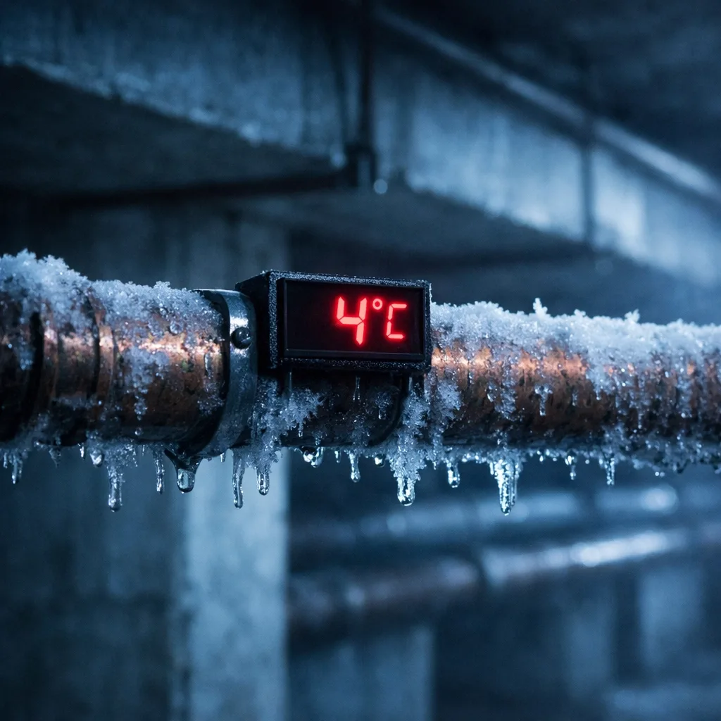 Freeze alert sensor on frosted pipe displaying 4°C temperature in parkade