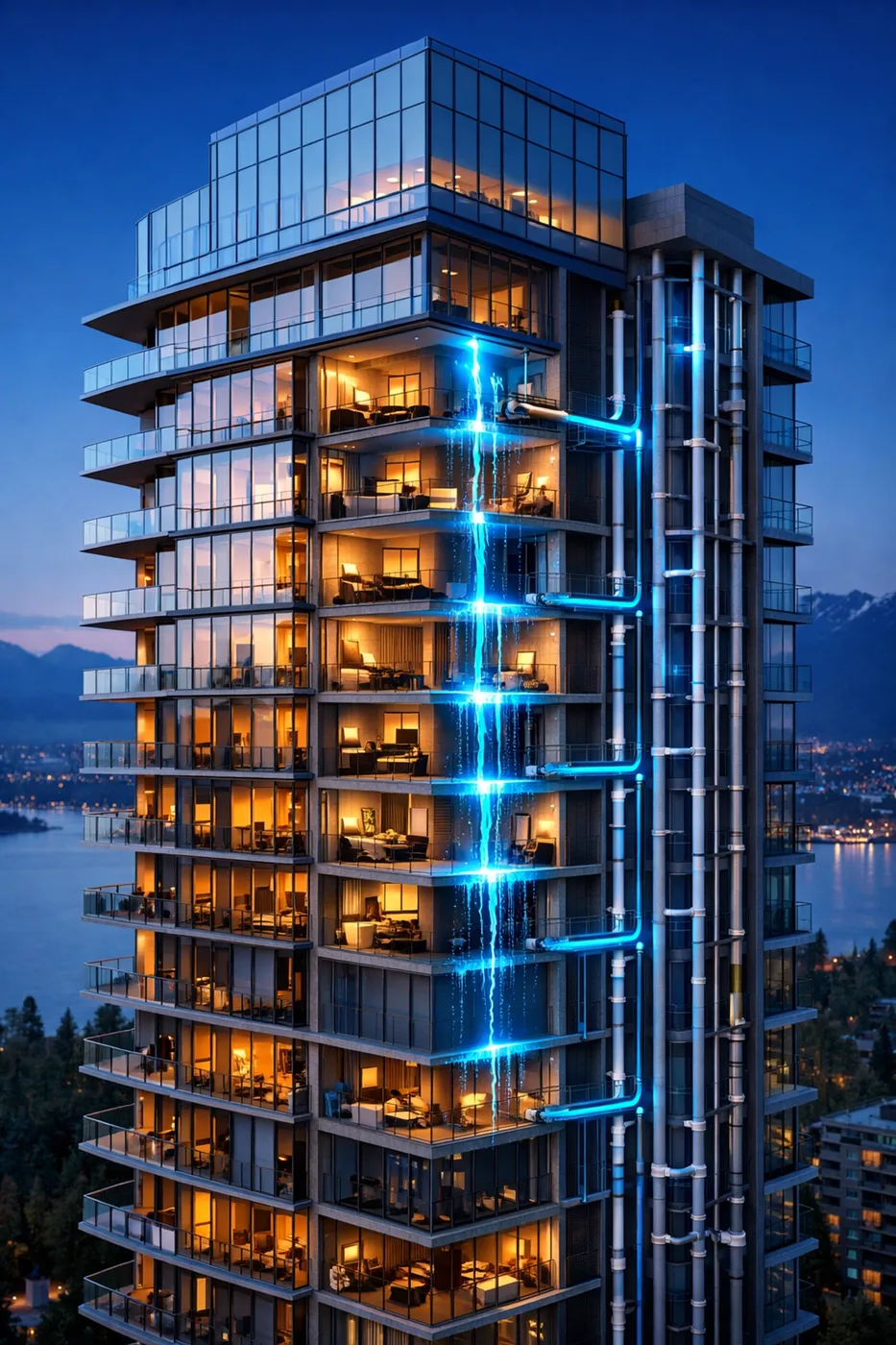 Vancouver high-rise cutaway showing the stack effect of water leaking between units in a condo building.