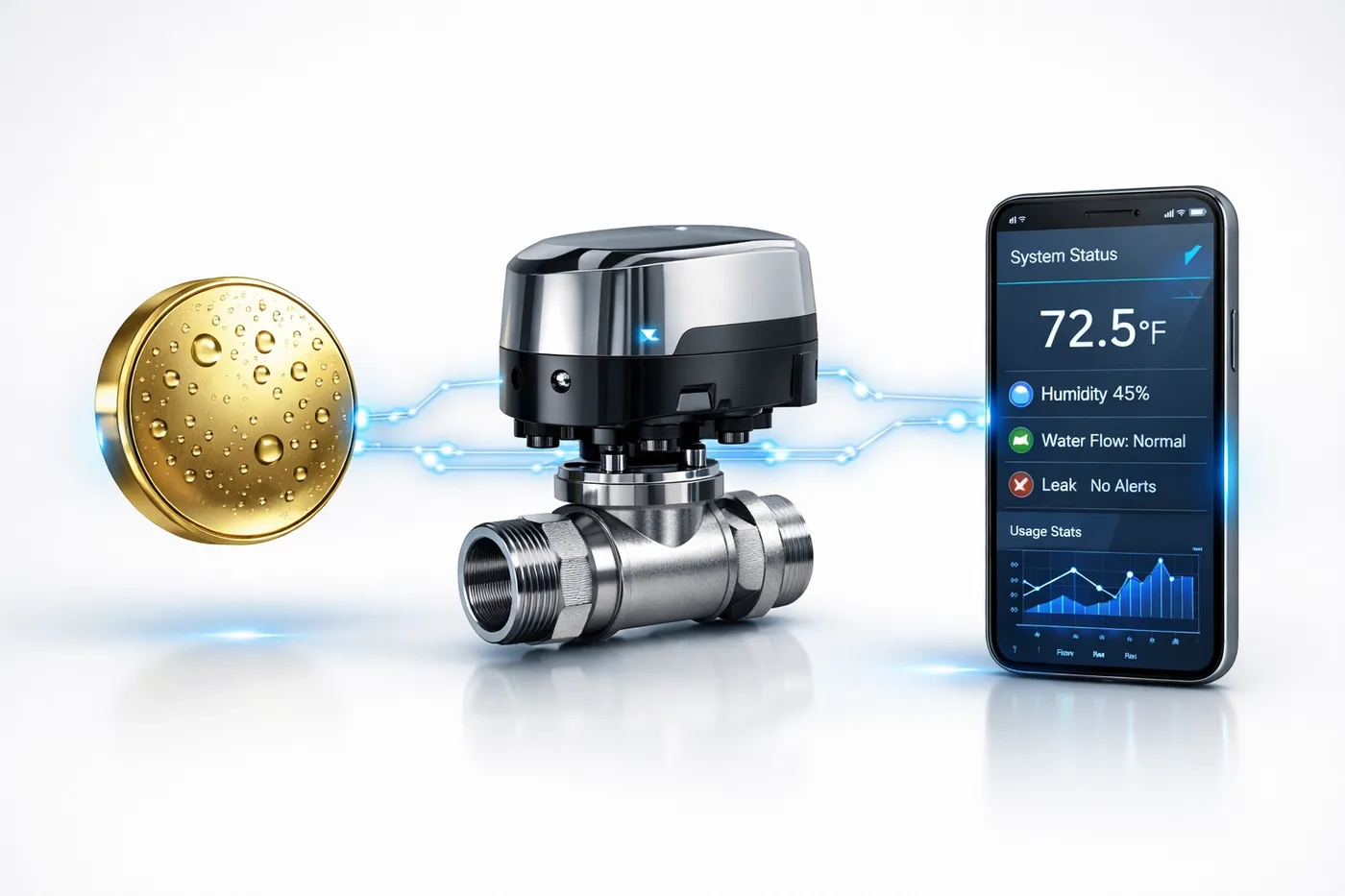 Three-part leak detection system: gold sensor, smart shutoff valve, and remote monitoring smartphone