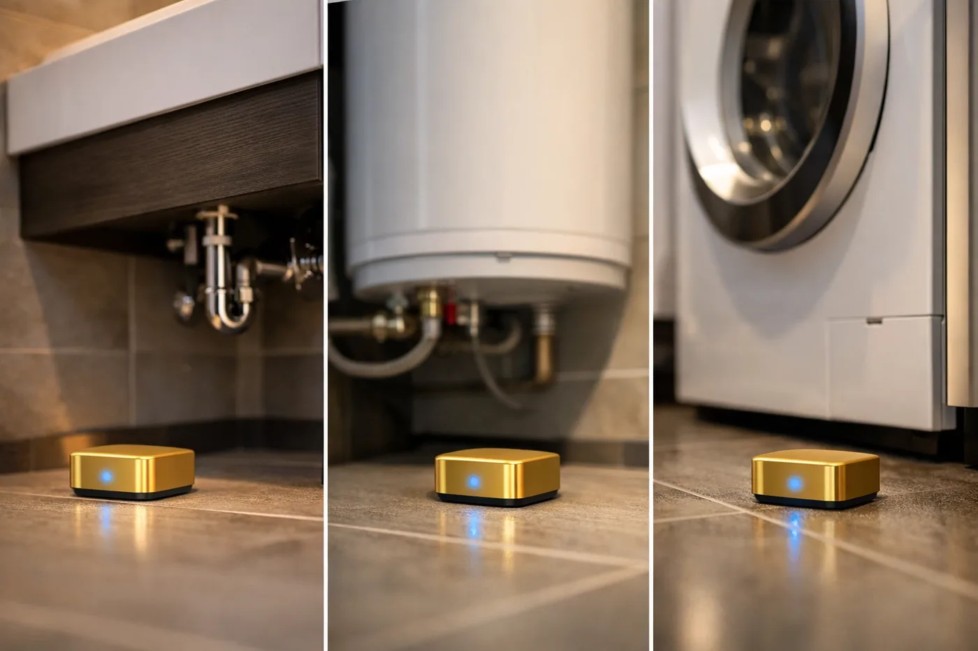 Water leak sensors installed under sink, near water heater, and by washing machine in Surrey apartment
