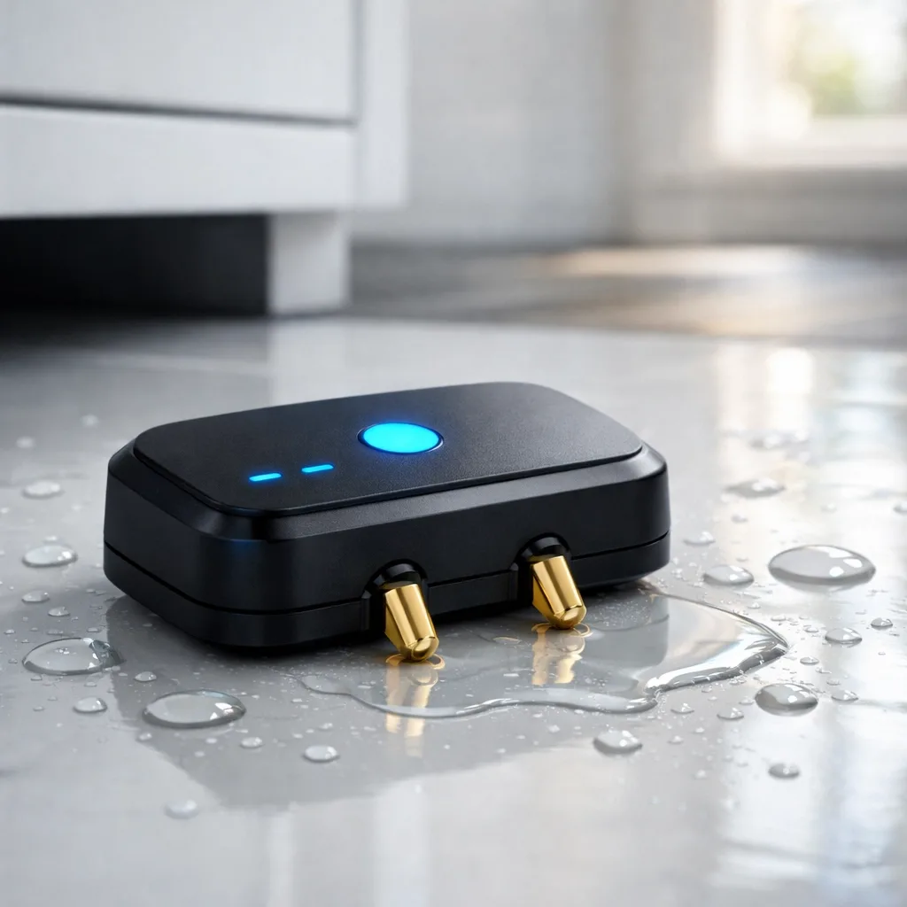 Gold-plated water leak detection sensor on bathroom floor catching early leak signs