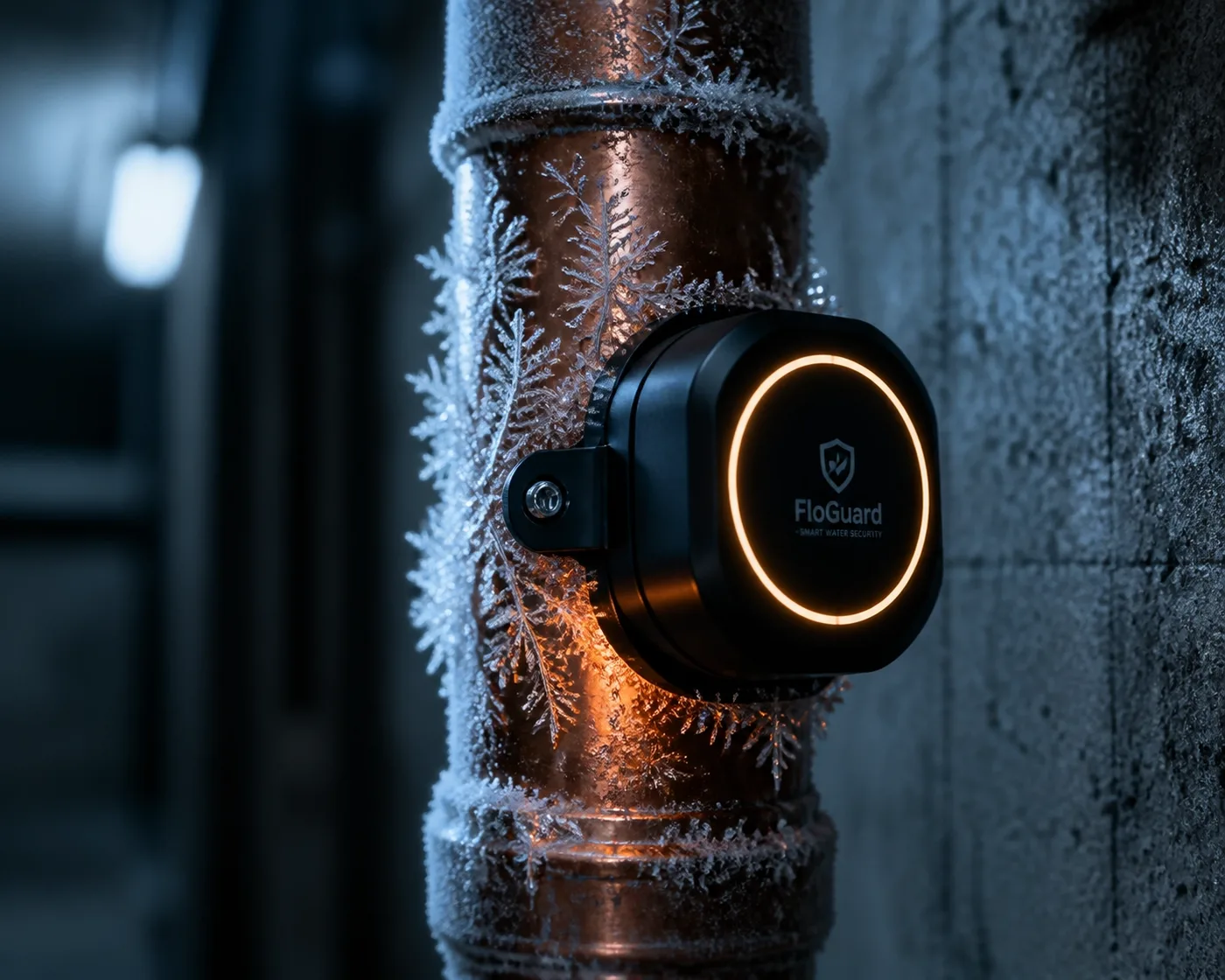 Smart freeze alert sensor on a frosted copper pipe provides early warning to prevent winter burst pipes.