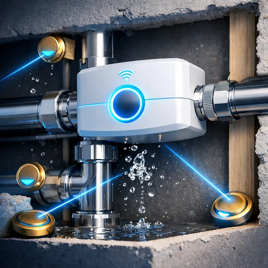 Water shut off valve with leak detection sensors mounted on pipes detecting water droplets