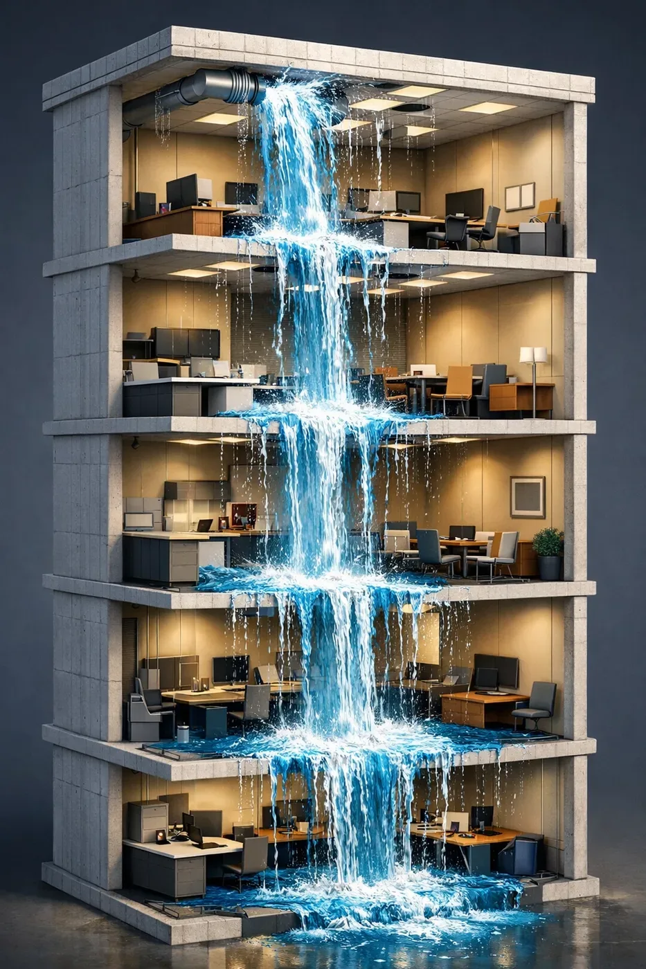 Water cascading through multiple floors of high-rise building showing leak damage spread