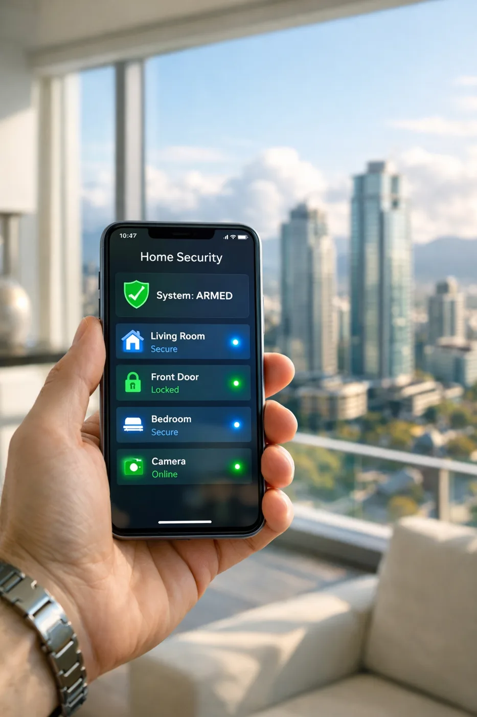 Smartphone displaying a water leak detection dashboard in a Burnaby condo overlooking the city skyline.
