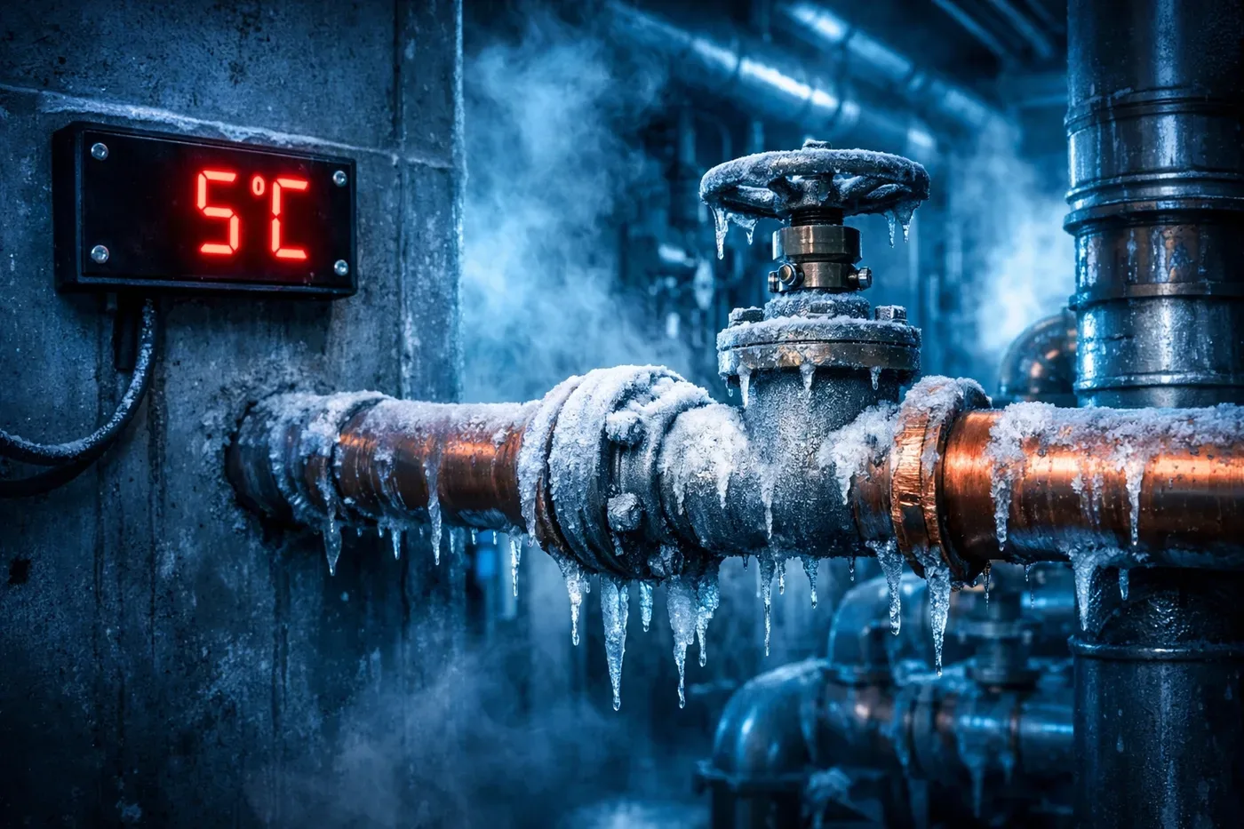 Freeze alert sensor displaying 5°C warning in mechanical room with frozen pipes