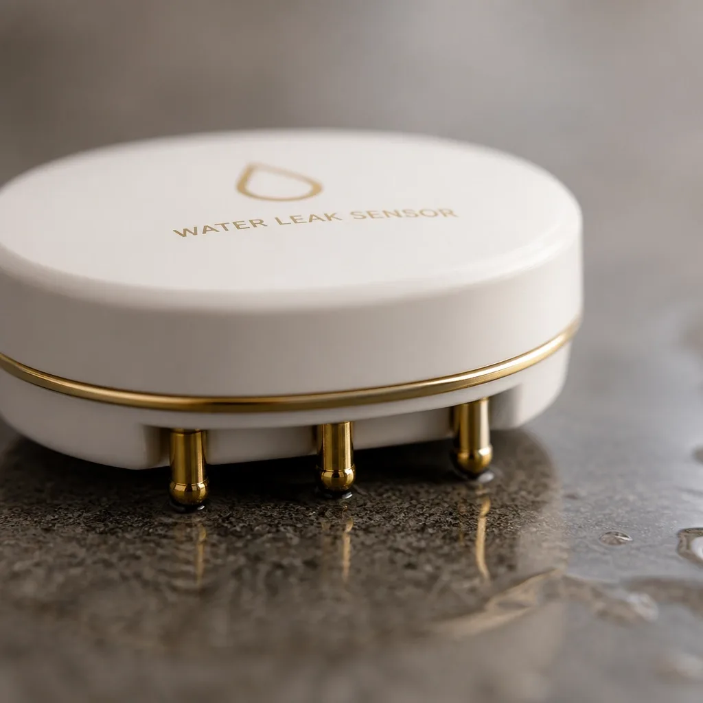 A close-up of a high-end water leak sensor with shiny gold-plated metal probes, illustrating the high-tech, anti-corrosive material that ensures long-term reliability.
