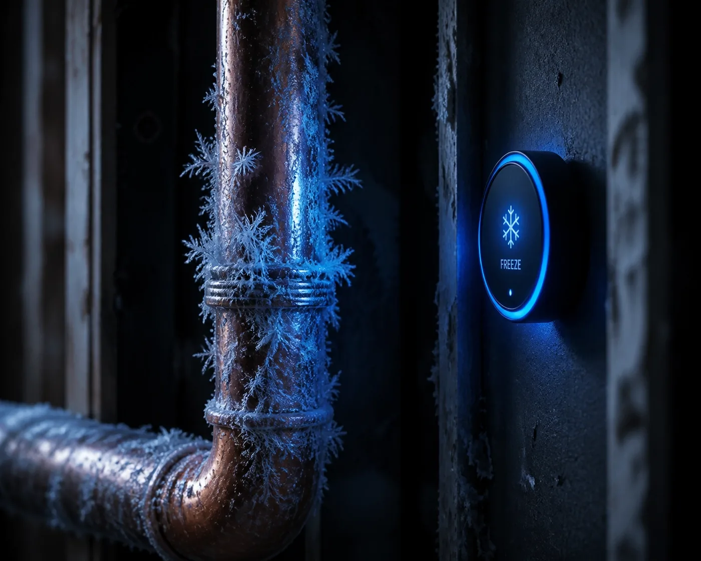Freeze alert sensor monitoring a copper pipe to prevent burst pipes and water damage in Burnaby condos.