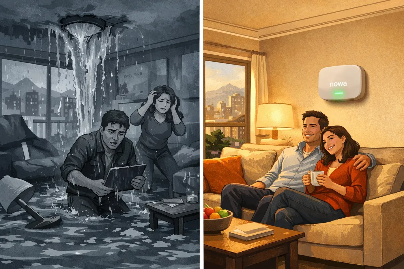 Before and after comparison: flooded Vancouver condo suite versus protected dry suite with leak detection system