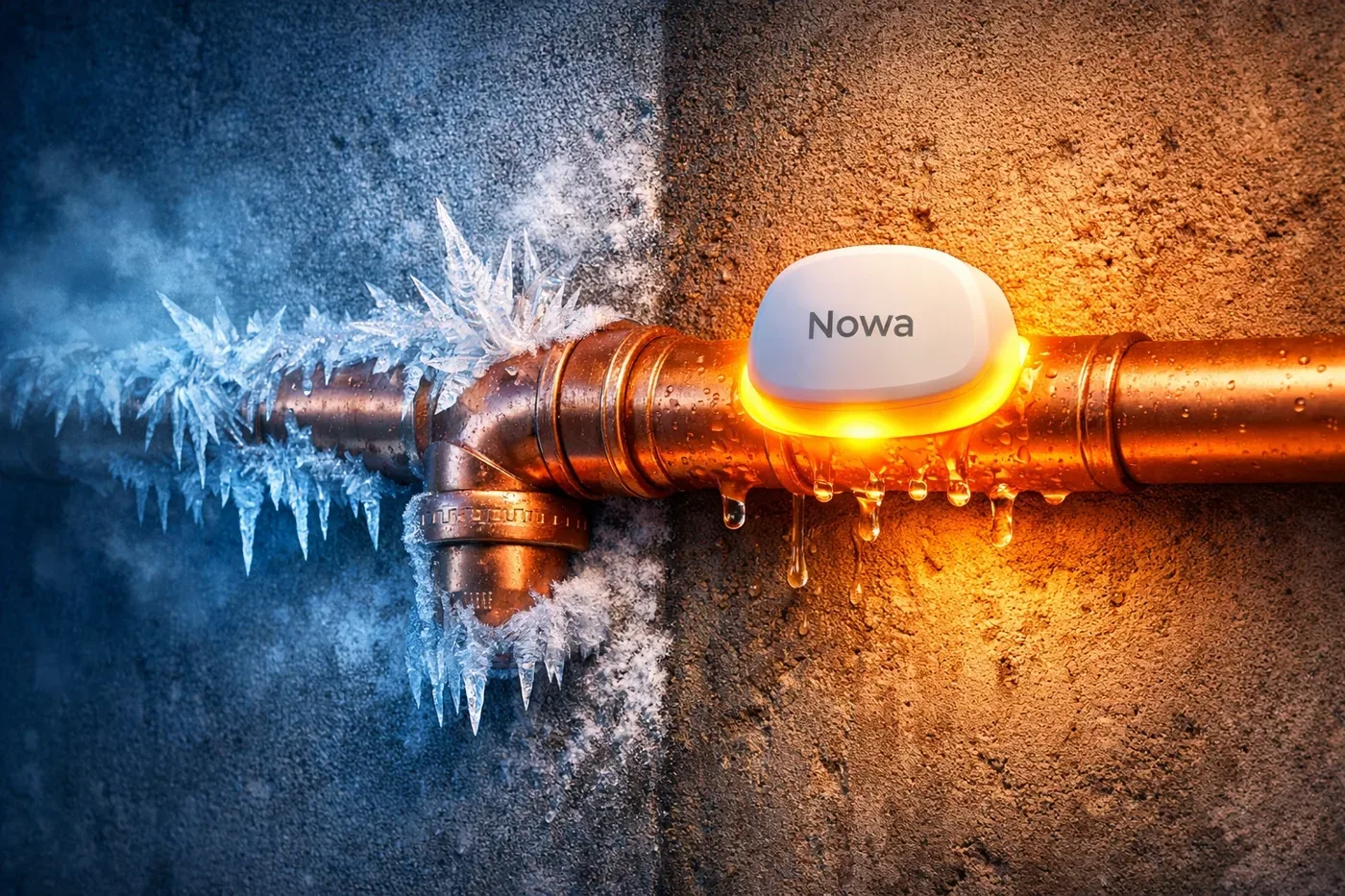 Nowa 4S freeze detection system protecting copper plumbing pipes from winter burst pipe damage.
