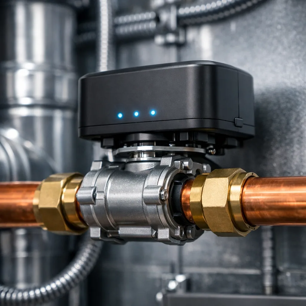 Automated water shut off valve with leak detection installed in a commercial mechanical room to prevent water damage.