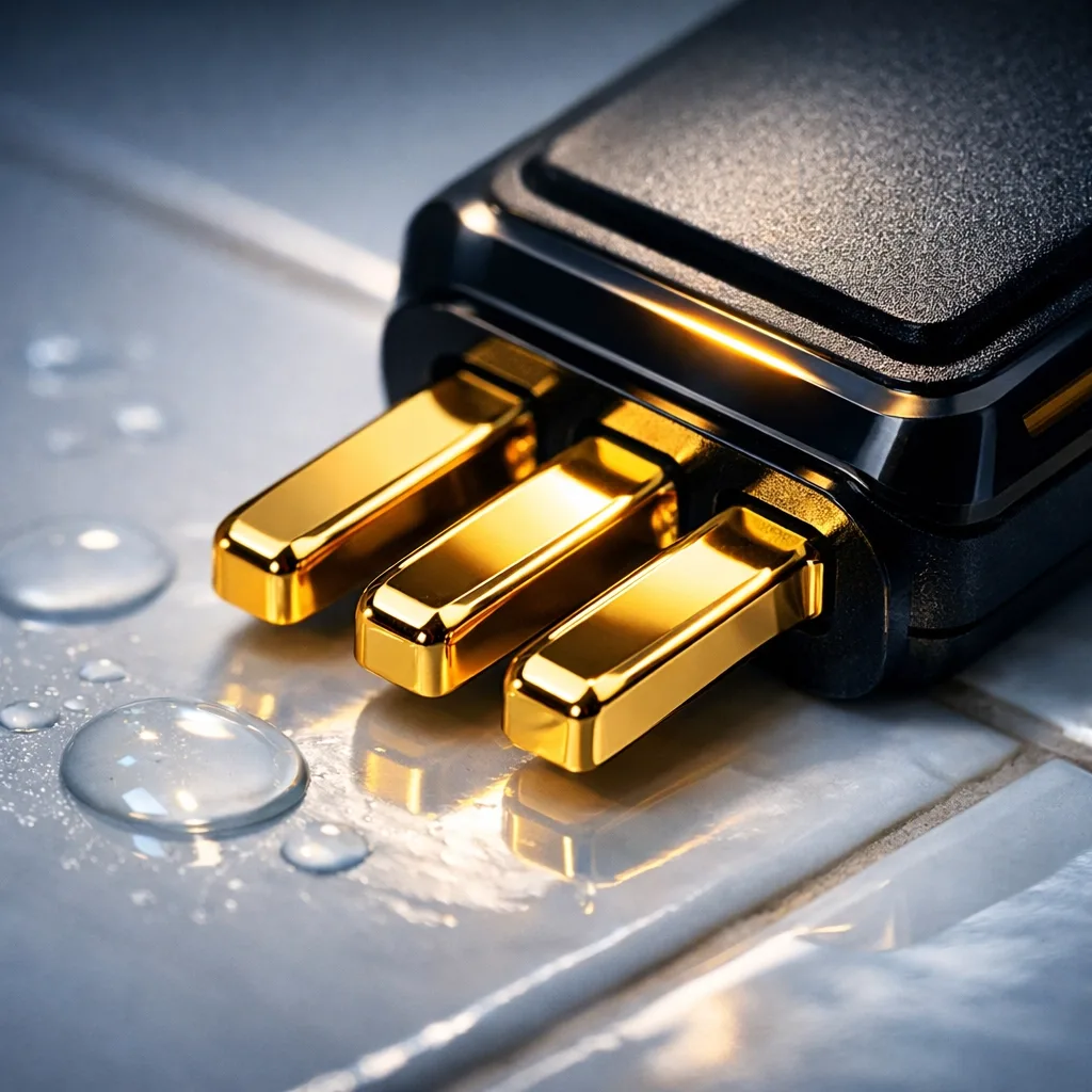 Gold-plated water leak sensor with metallic contacts on tile surface