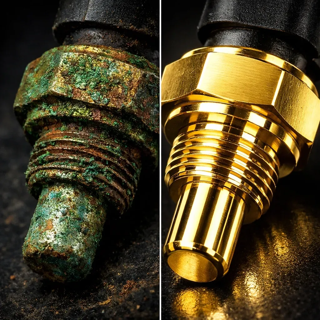 Comparison of corroded brass sensor versus gold-plated water leak sensor showing quality difference