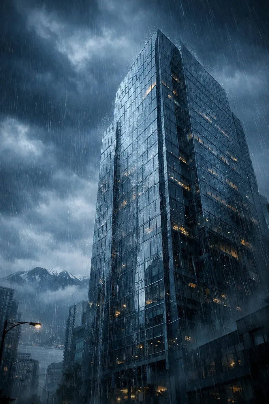 Vancouver commercial high-rise building during heavy rainfall and storm