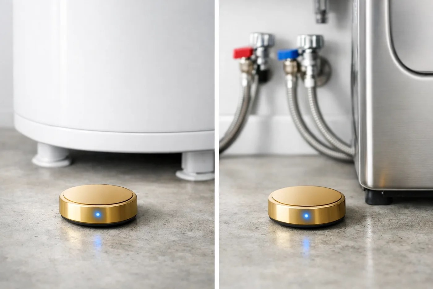 Smart water leak detection sensors installed under hot water tank and washing machine