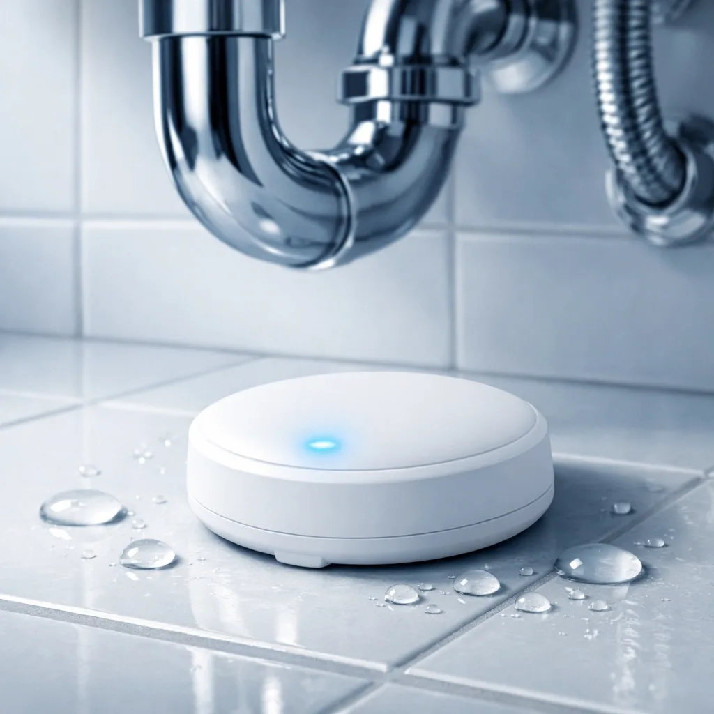 Smart water leak sensor installed under bathroom sink detecting moisture in condo unit