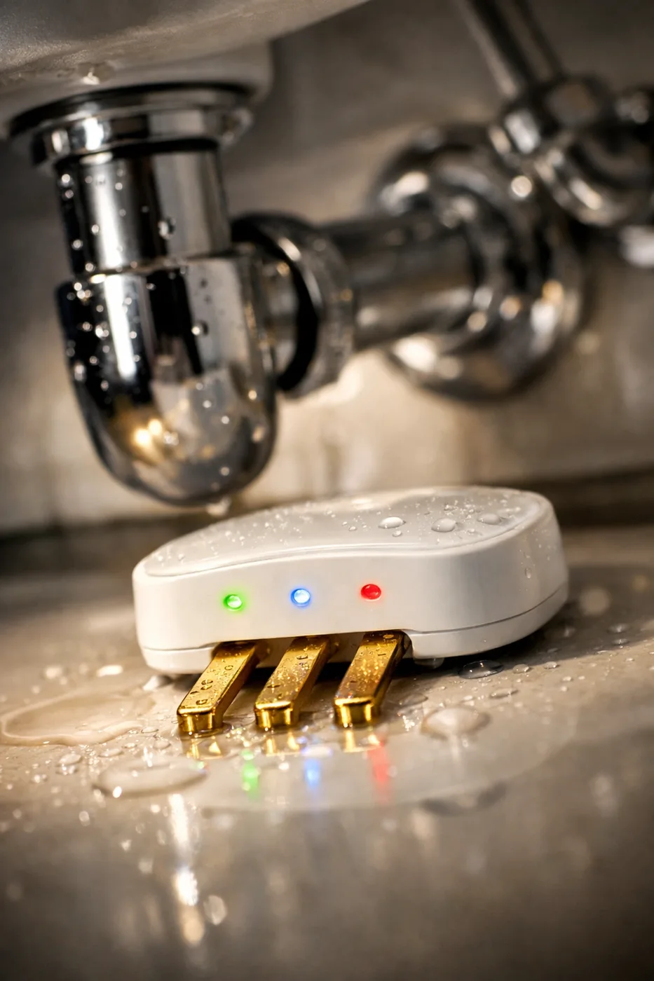 Gold-plated water leak sensor installed under bathroom sink for reliable apartment leak detection