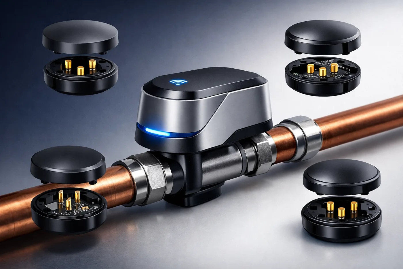 Smart water shut off valve with leak detection system showing wireless sensors and gold-plated contacts