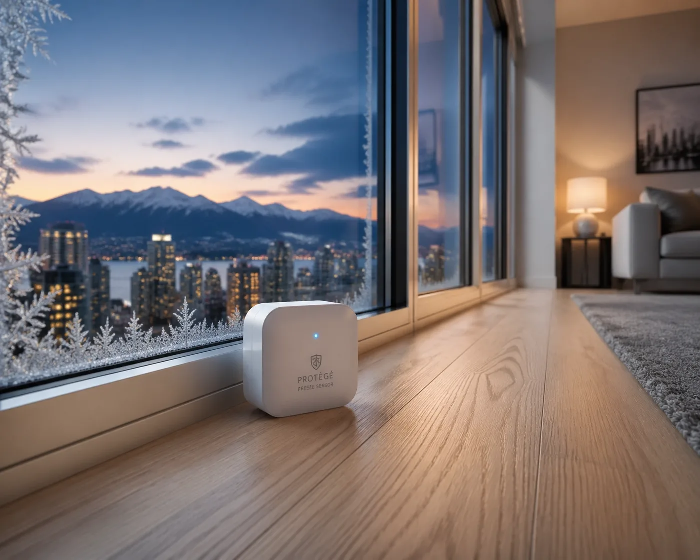 Wireless freeze sensor for Vancouver strata maintenance monitoring temperature in a modern high-rise.