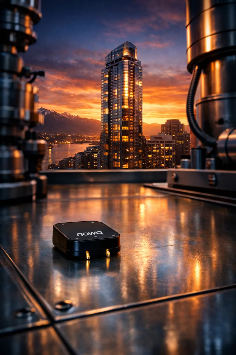 Nowa leak detection sensor in a Vancouver condo mechanical room for real-time water damage protection.