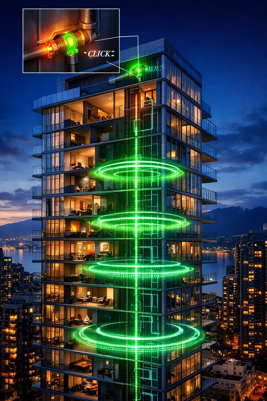 High-rise water leak detection system automatically stopping a leak to protect multi-unit building assets.