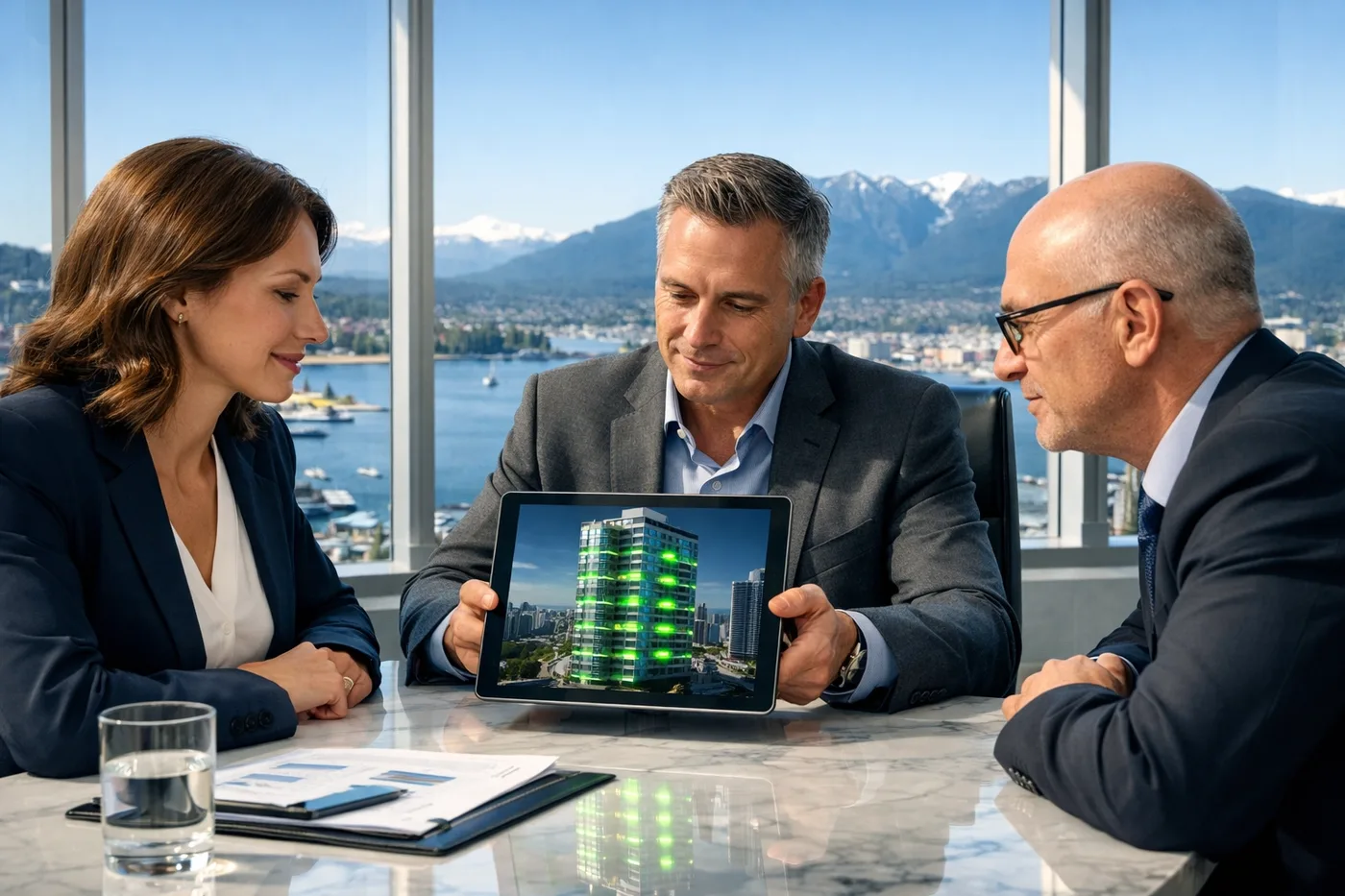 Property managers and insurance executives discussing commercial leak detection systems in a Vancouver boardroom.