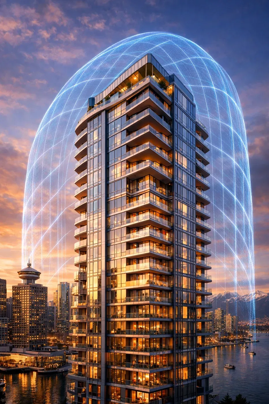 Modern Vancouver high-rise with a protective blue shield representing water damage prevention and strata security.