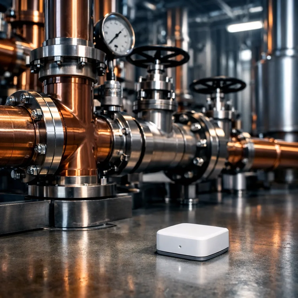 Smart water leak detector sensor installed near copper pipes in a high-rise mechanical room.