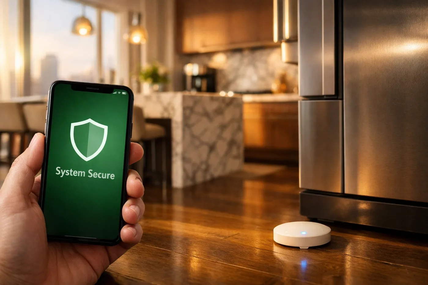 Smartphone monitoring a condo water leak detection system and sensor in a modern Vancouver kitchen.