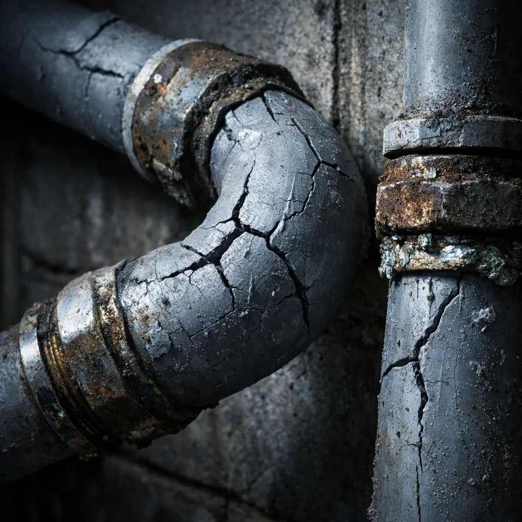Cracked and corroded Poly B pipes showing deterioration and brittle fittings in Burnaby building