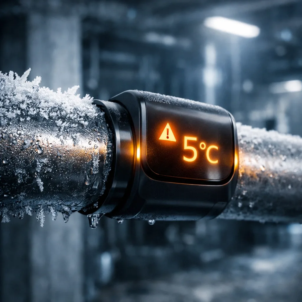 Smart freeze alert sensor on a cold water pipe providing early freeze detection for high-rise buildings.