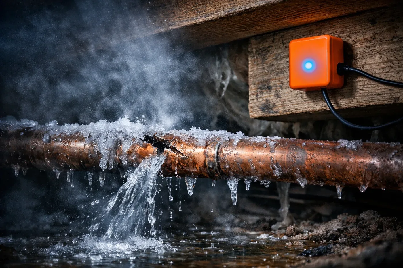 Frozen burst pipe in crawl space with freeze detection sensor preventing water damage