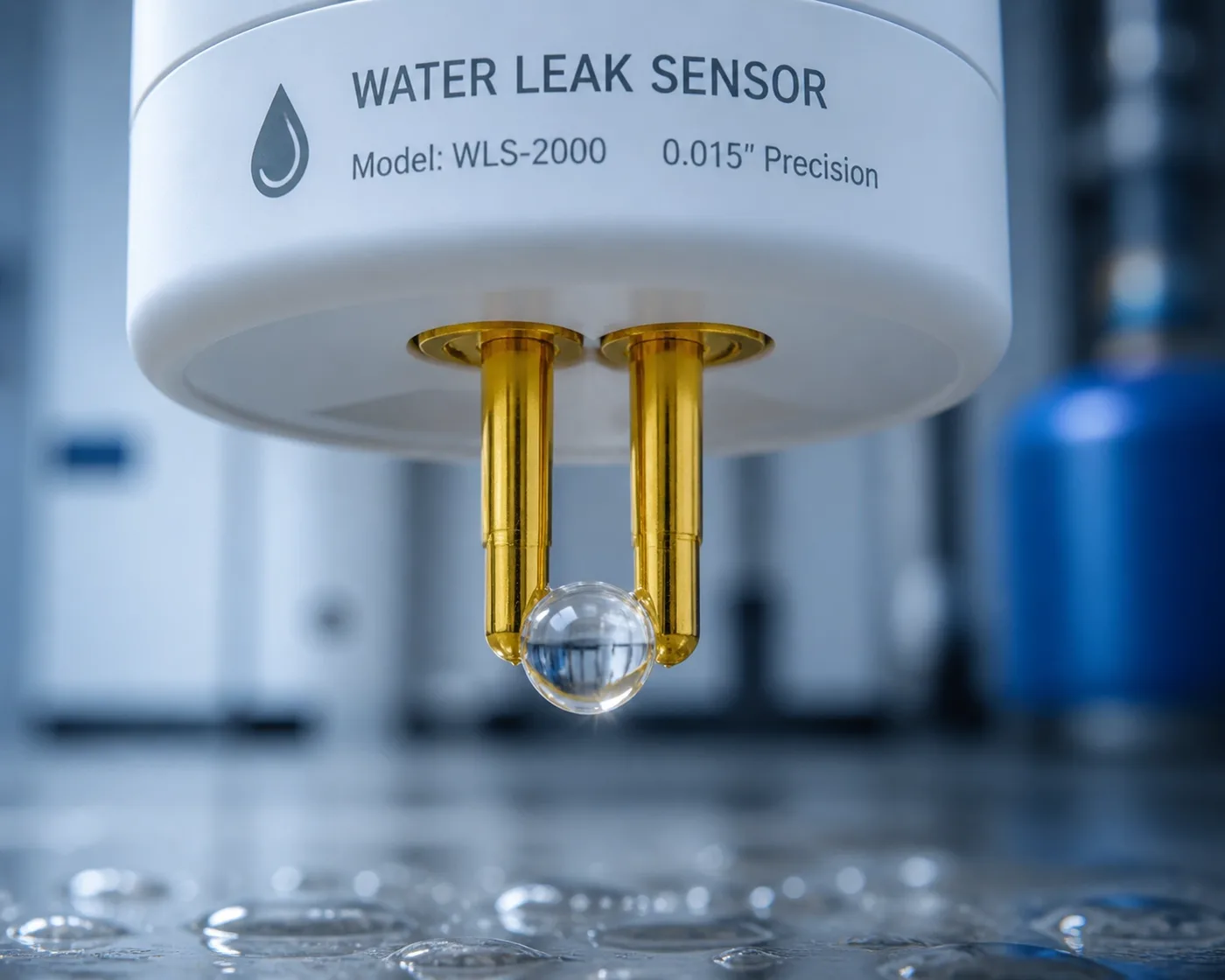 High-precision gold-plated probes of a condo water leak sensor detecting a water droplet.