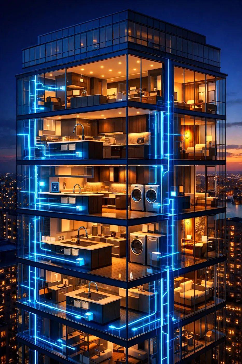 Smart water leak detection system monitoring multiple floors of a modern high-rise building for leaks.