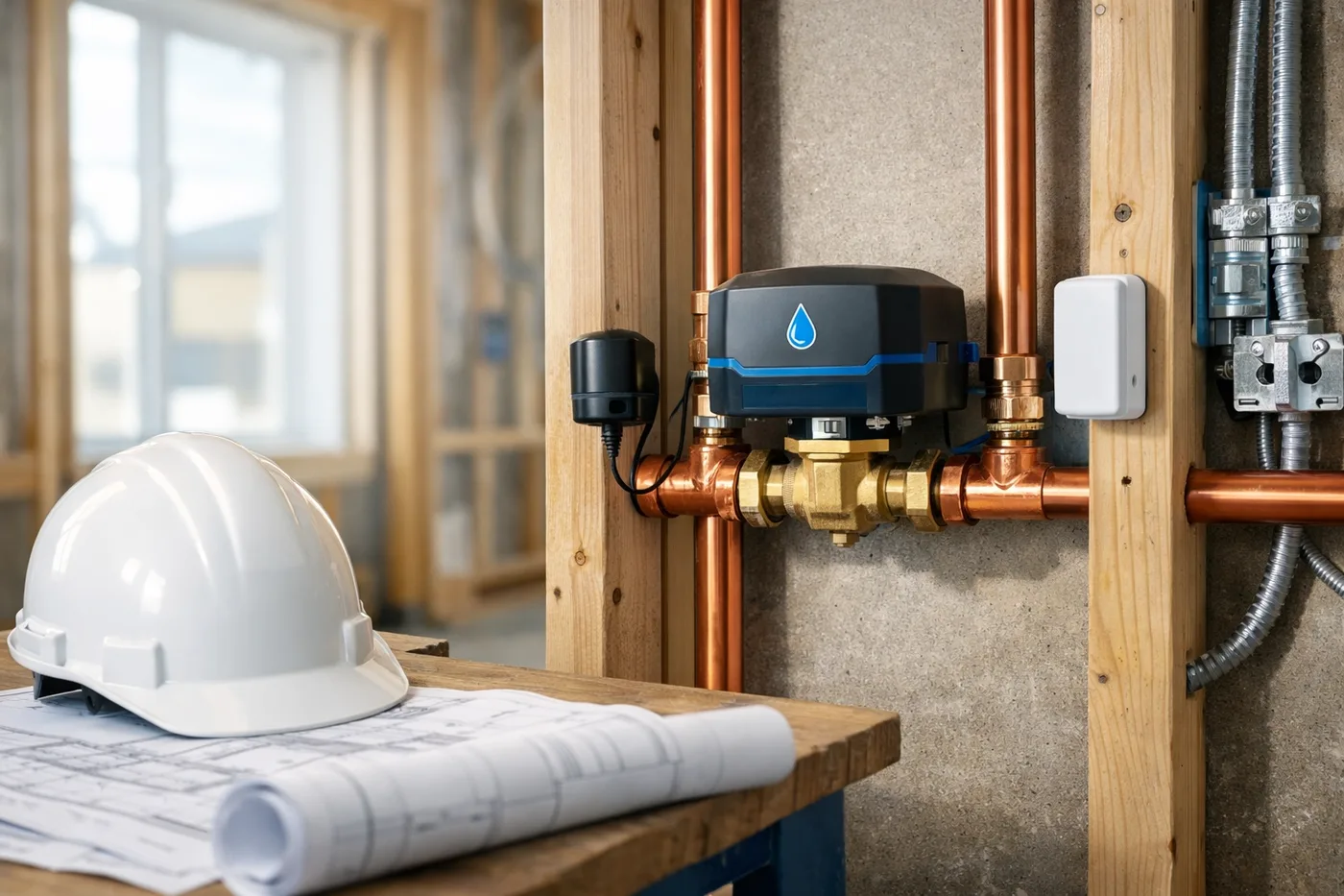 Automatic water shutoff valve system installed on new plumbing during construction site renovation