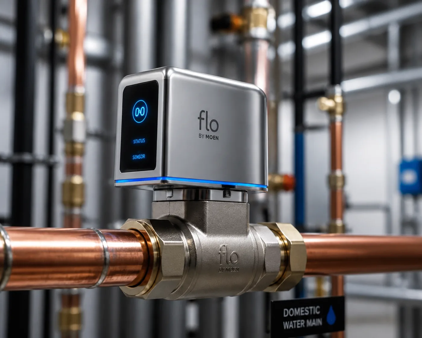 Automatic water shut off valve in a high-rise mechanical room providing smart leak protection for Vancouver condos.