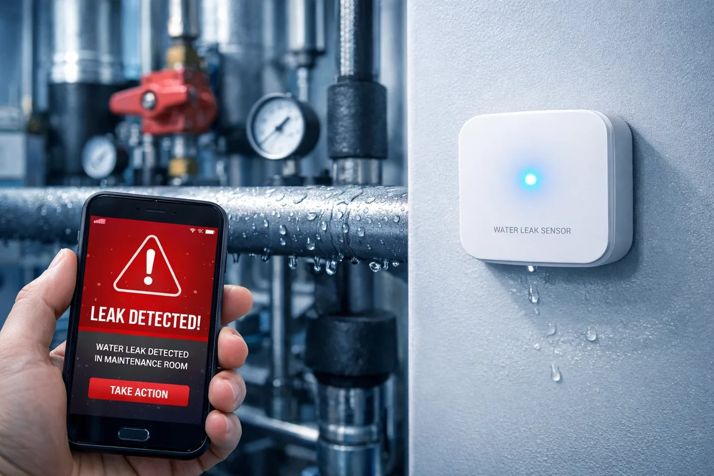 Smart water leak detector sensor with mobile phone alert notification in high-rise building maintenance room