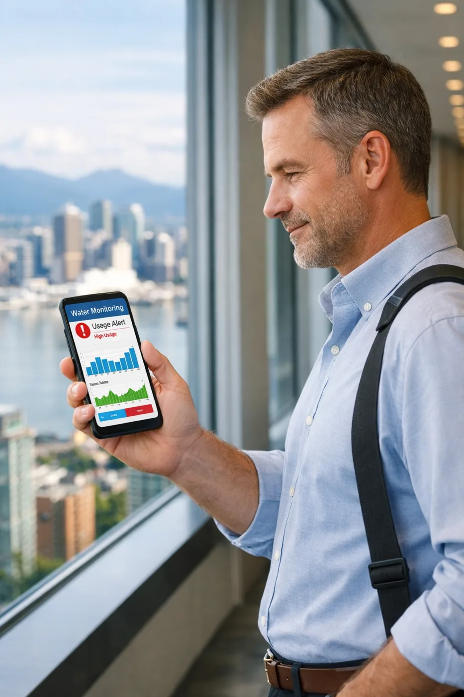 Vancouver property manager monitoring real-time water leak detection system on smartphone dashboard