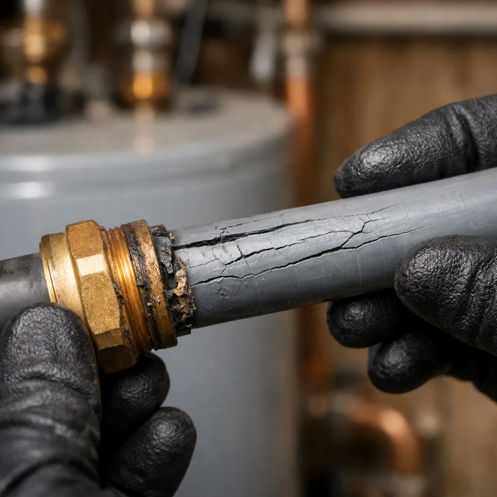 Failed Poly B pipe with visible cracks and damaged brass fitting in mechanical room