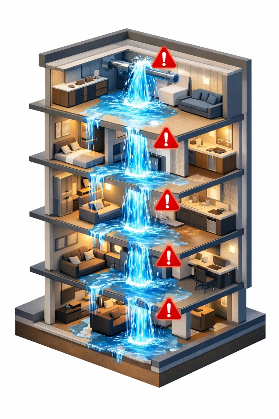 Water damage cascading through multiple condo floors from single pipe leak