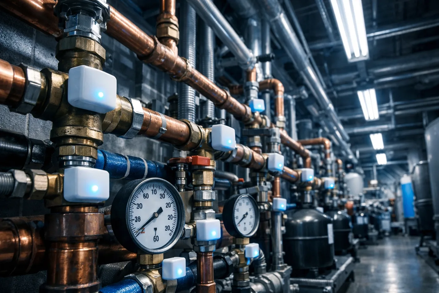 Smart water leak detection sensors installed on building pipes and water supply lines