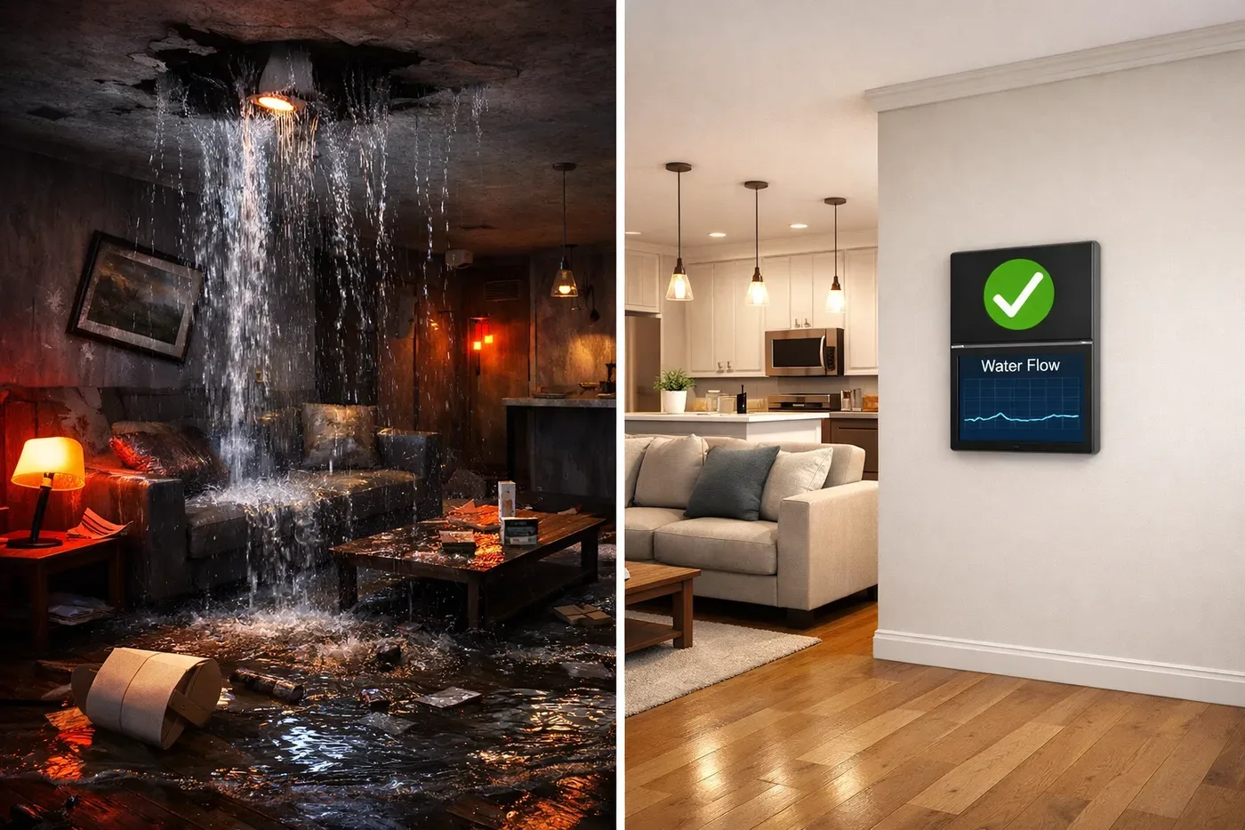 Before and after comparison showing water damage prevention with smart shutoff valve
