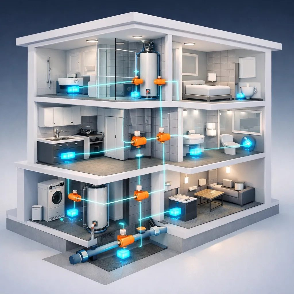 Multi-story building cutaway showing water leak sensors and automatic shutoff valves throughout