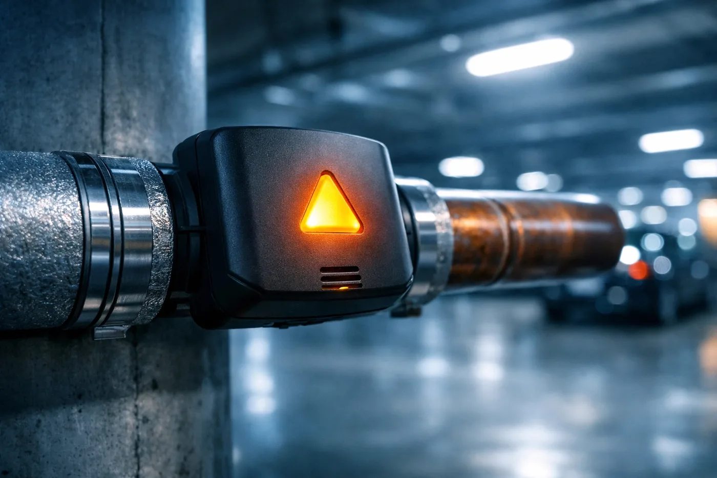 A commercial freeze alert sensor on a water pipe to prevent frozen pipe bursts and condo water damage.