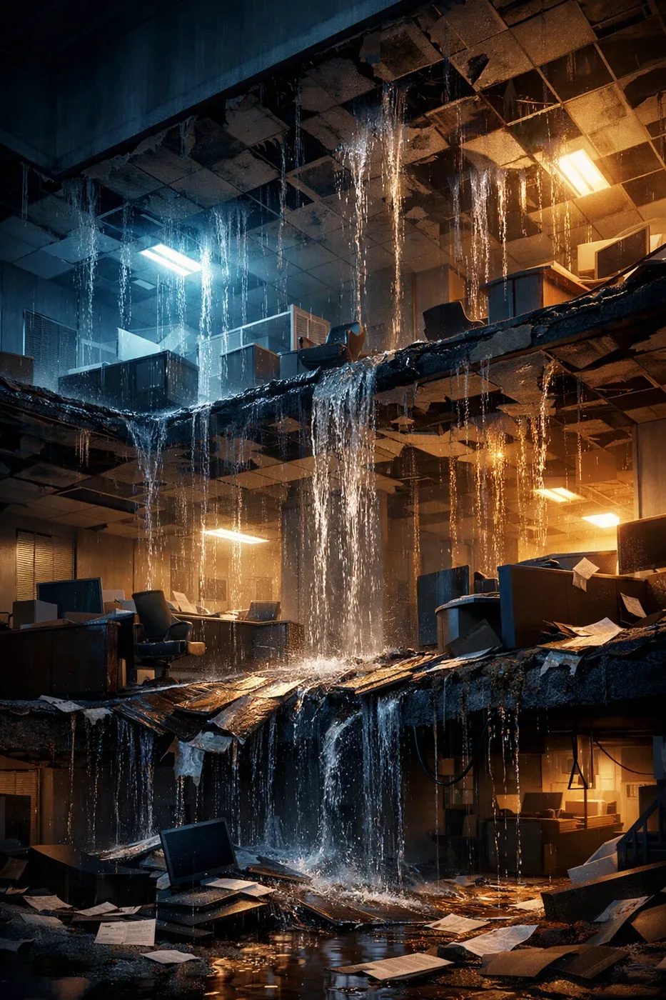 Extensive water damage spreading through a commercial high-rise building from burst pipes